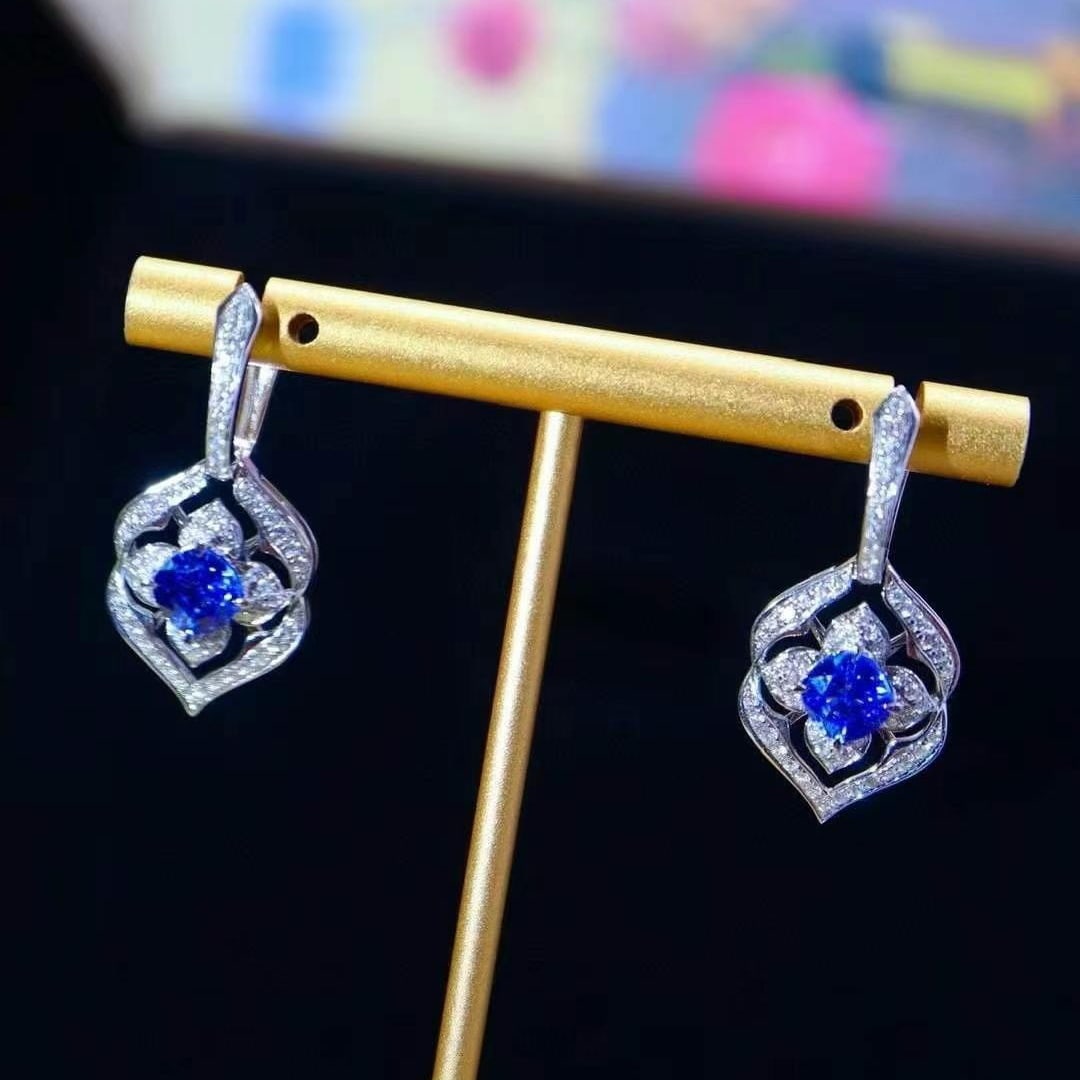14k Gold 3.23 Ctw Natural Sapphire & Diamond Earrings - 3