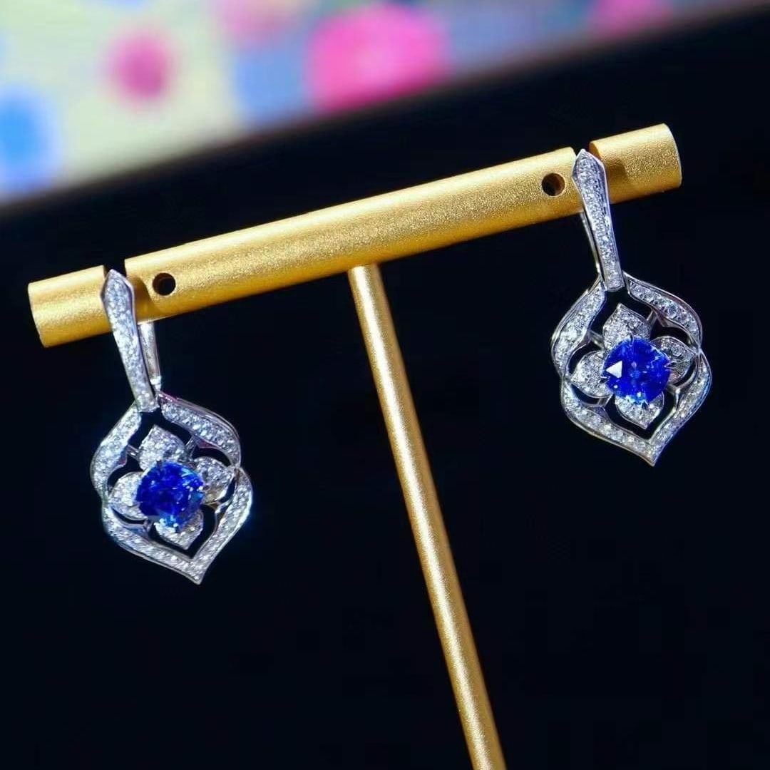 14k Gold 3.23 Ctw Natural Sapphire & Diamond Earrings - 4