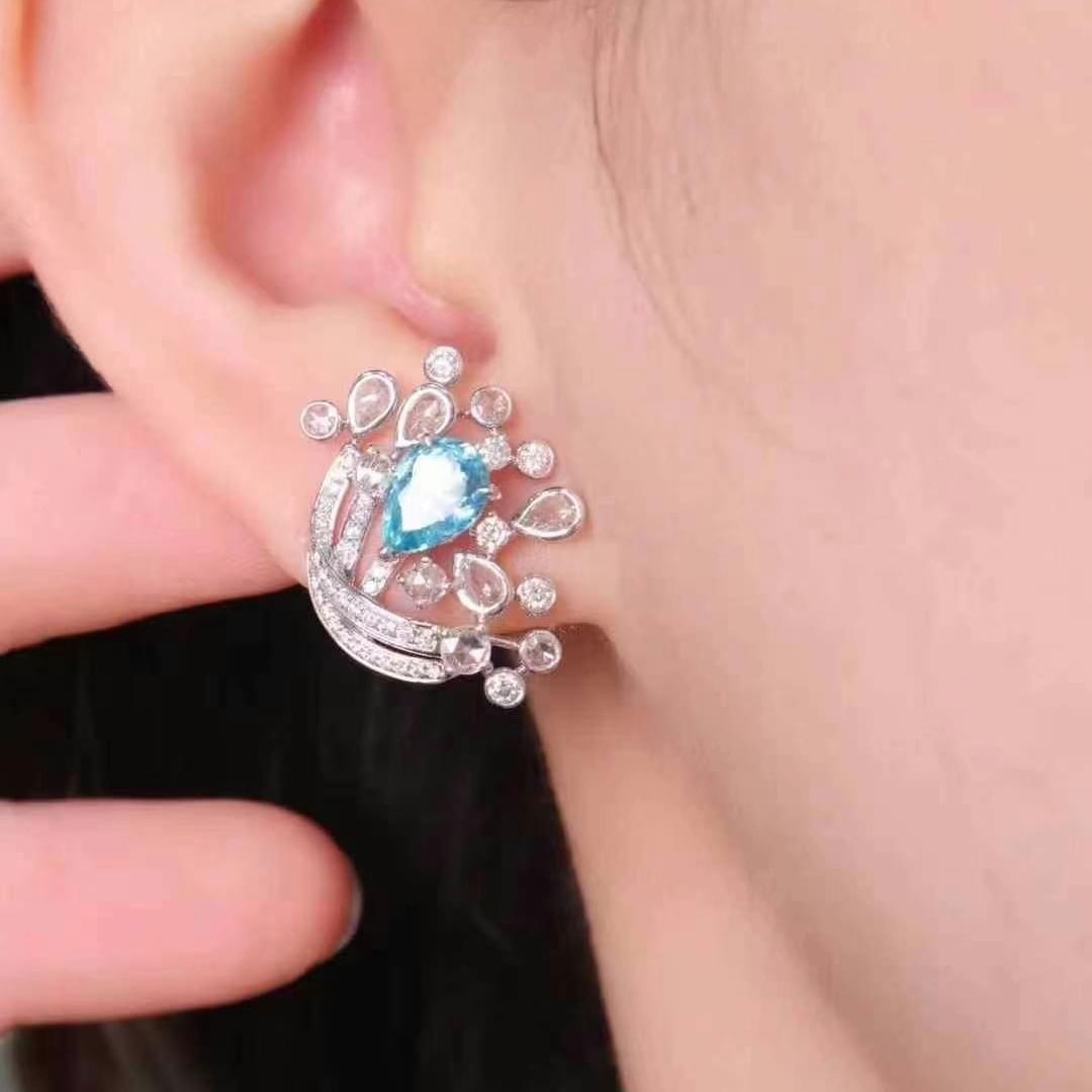 14k Gold 1.27 Ct Natural Paraiba Tourmaline & Diamond Earrings - 2