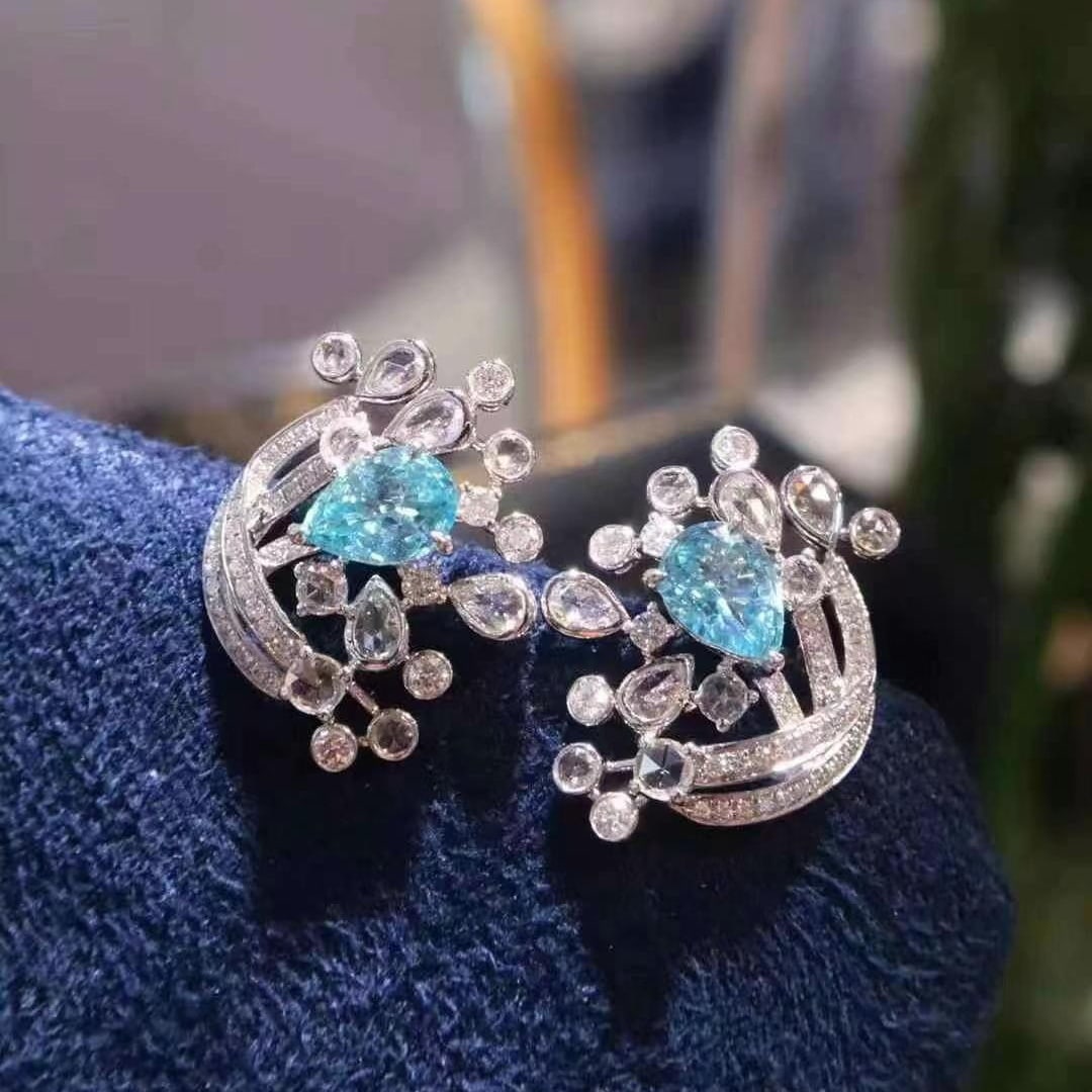 14k Gold 1.27 Ct Natural Paraiba Tourmaline & Diamond Earrings - 4