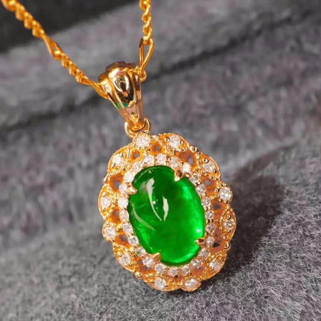 14k Gold 1.89 Ctw Vivid Green Natural Emerald & Diamond Pendant( Without Chain ): Ref:230949204 // gold content:14k gold // main gemstone:emerald // shape:oval // carat weight:1. 7ct // color:vivid green // treatment:natural // // adjacent gemstone 2 : diamond // shape:round // car