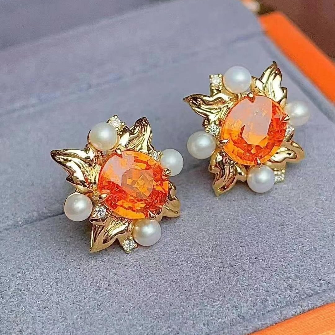 14k Gold 4.88 Ct Natural Spessartine & Diamond Earrings - 2