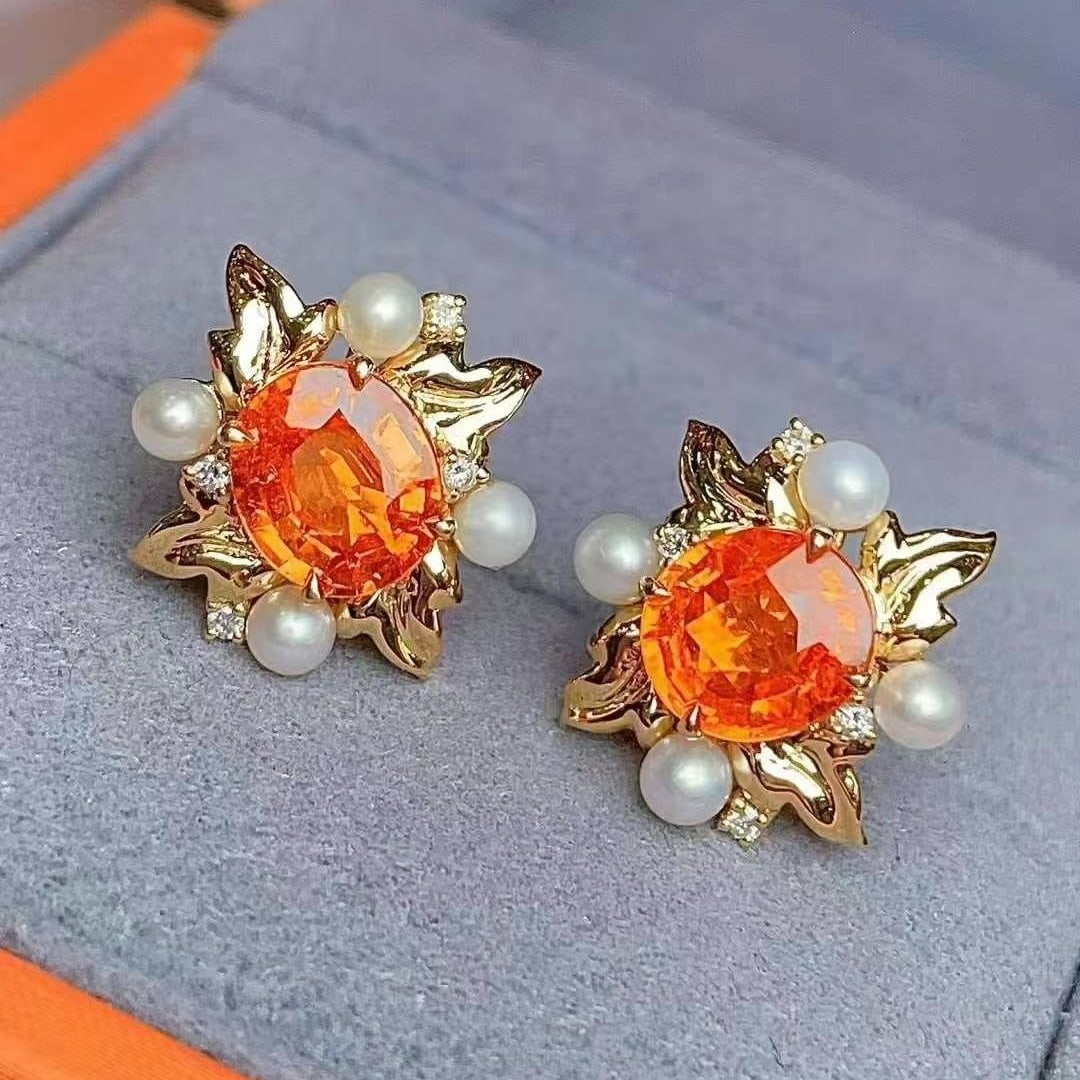 14k Gold 4.88 Ct Natural Spessartine & Diamond Earrings - 4