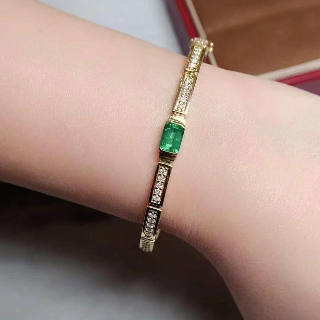 14k Gold 1.6 Ctw Natural Emerald & Diamond Bangle - 2