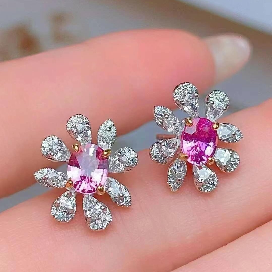 14k Gold 1.58 Ct Natural Padparadscha Sapphire & Diamond Earrings - 2