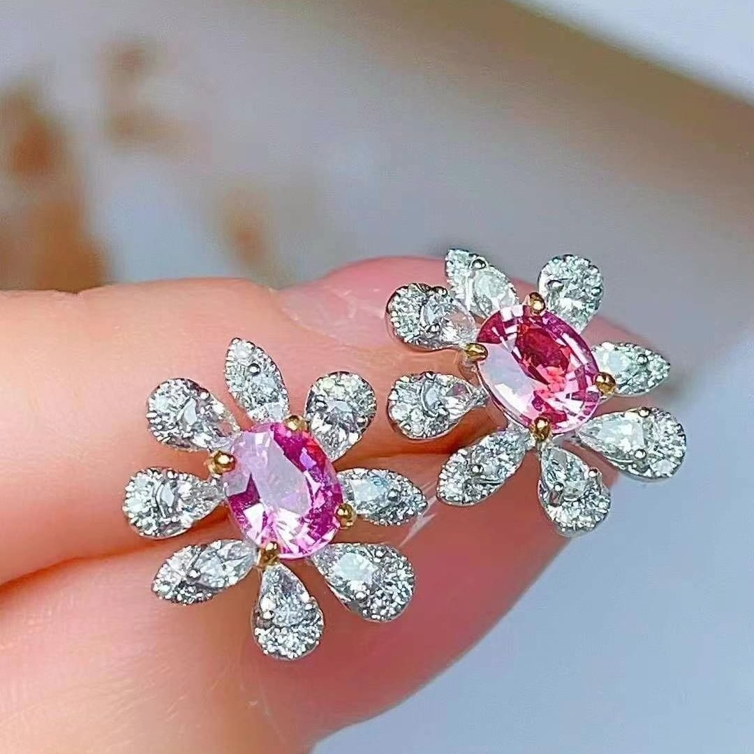 14k Gold 1.58 Ct Natural Padparadscha Sapphire & Diamond Earrings - 3