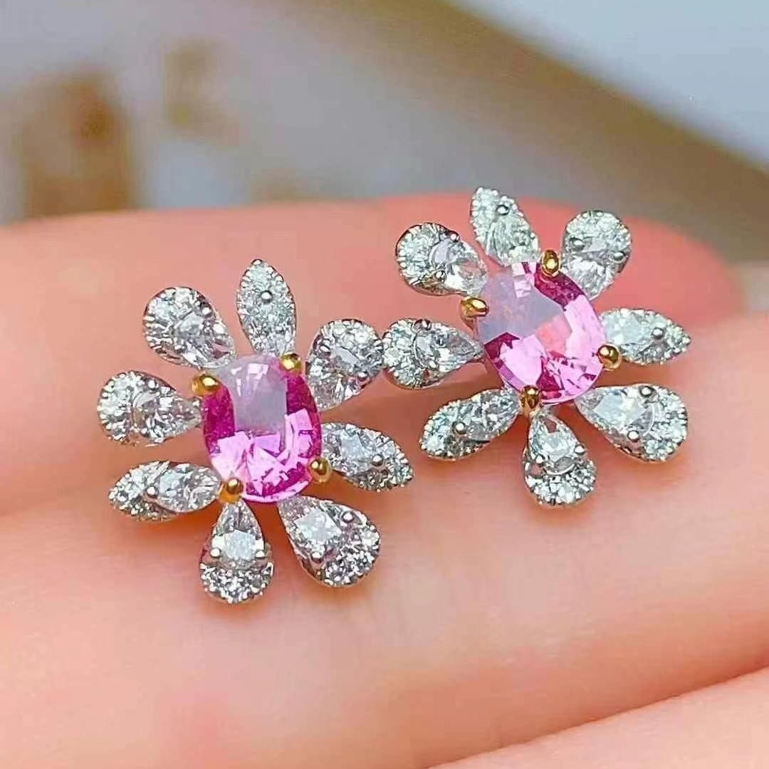 14k Gold 1.58 Ct Natural Padparadscha Sapphire & Diamond Earrings - 4