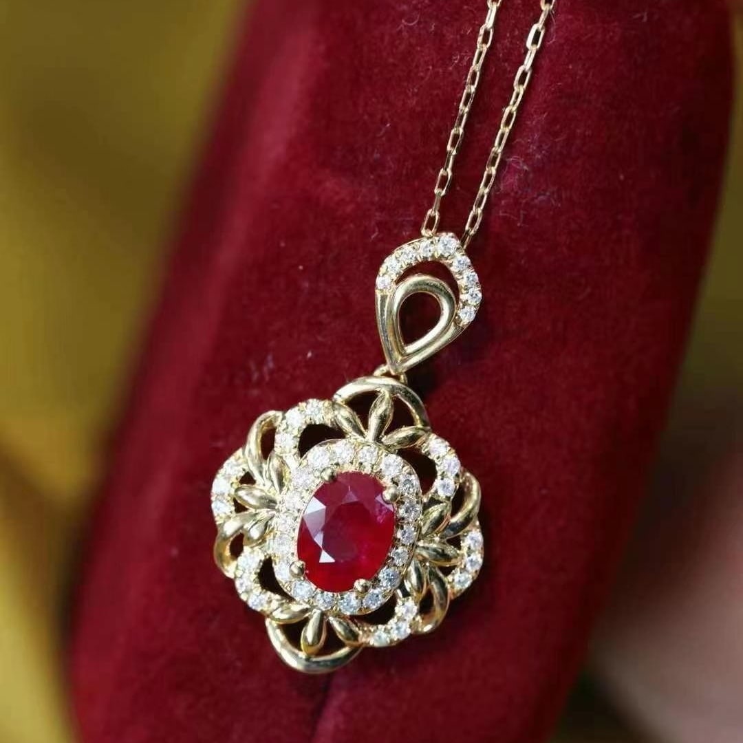 14k Gold 1.12 Ctw Natural Ruby & Diamond Pendant( Without Chain ) - 2