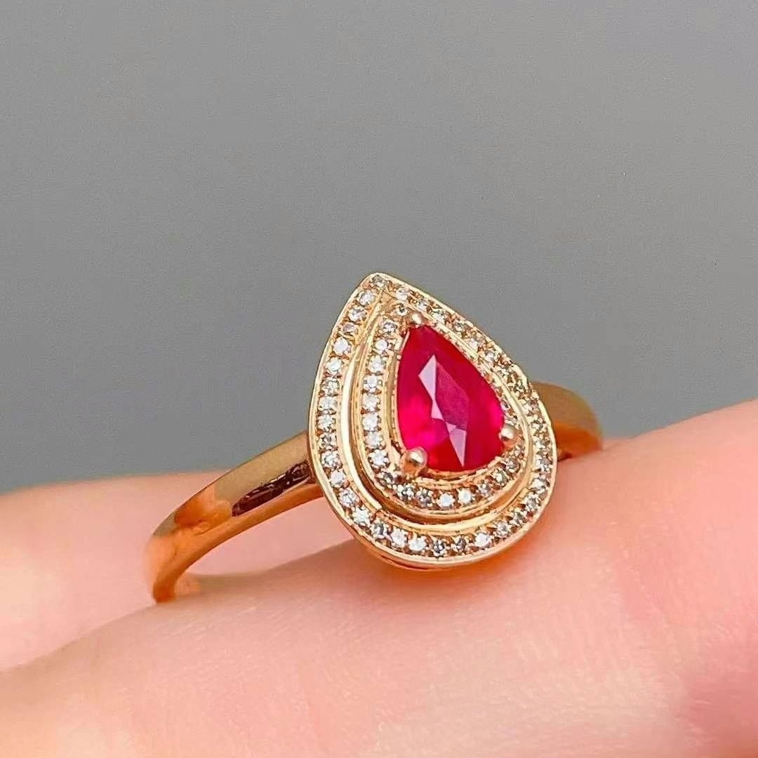 14k Gold 0.42 Ct Natural Ruby & Diamond Ring: Ref:230949221 // gold content:14k gold // ring size:7. 25us // // main gemstone:ruby // shape:pear // carat weight:0. 42ct // color:red // treatment:natural // // adjacent gemstone 2 : diamond // shap