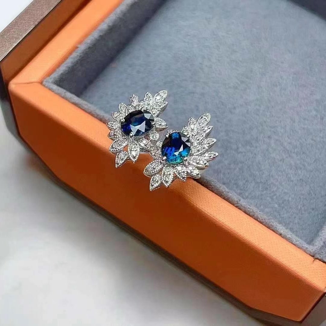 14k Gold 1.1 Ct Natural Sapphire & Diamond Earrings - 2