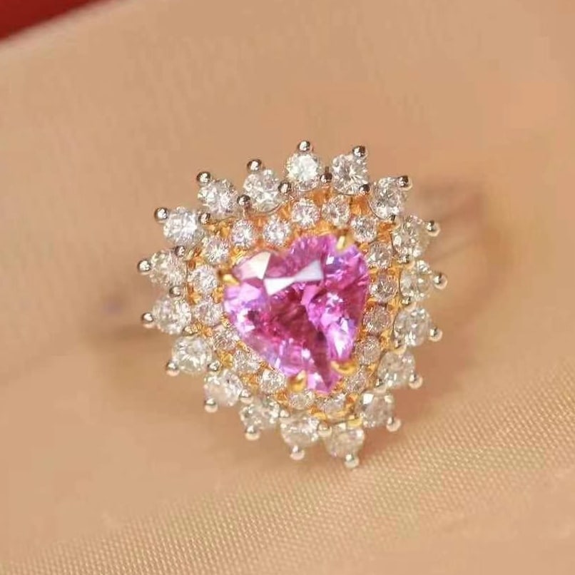 14k Gold 1.61 Ctw Natural Sapphire & Diamond Ring: Ref:230949224 // gold content:14k gold // ring size:7. 25us // // main gemstone:sapphire // shape:heart // carat weight:1. 07ct // color:pink // treatment:natural // // adjacent gemstone 2 :