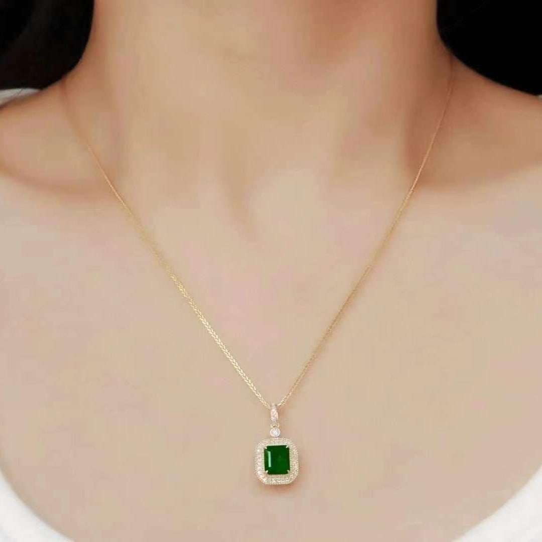14k Gold 1.46 Ctw Vivid Green Natural Emerald & Diamond Pendant( Without Chain ) - 2