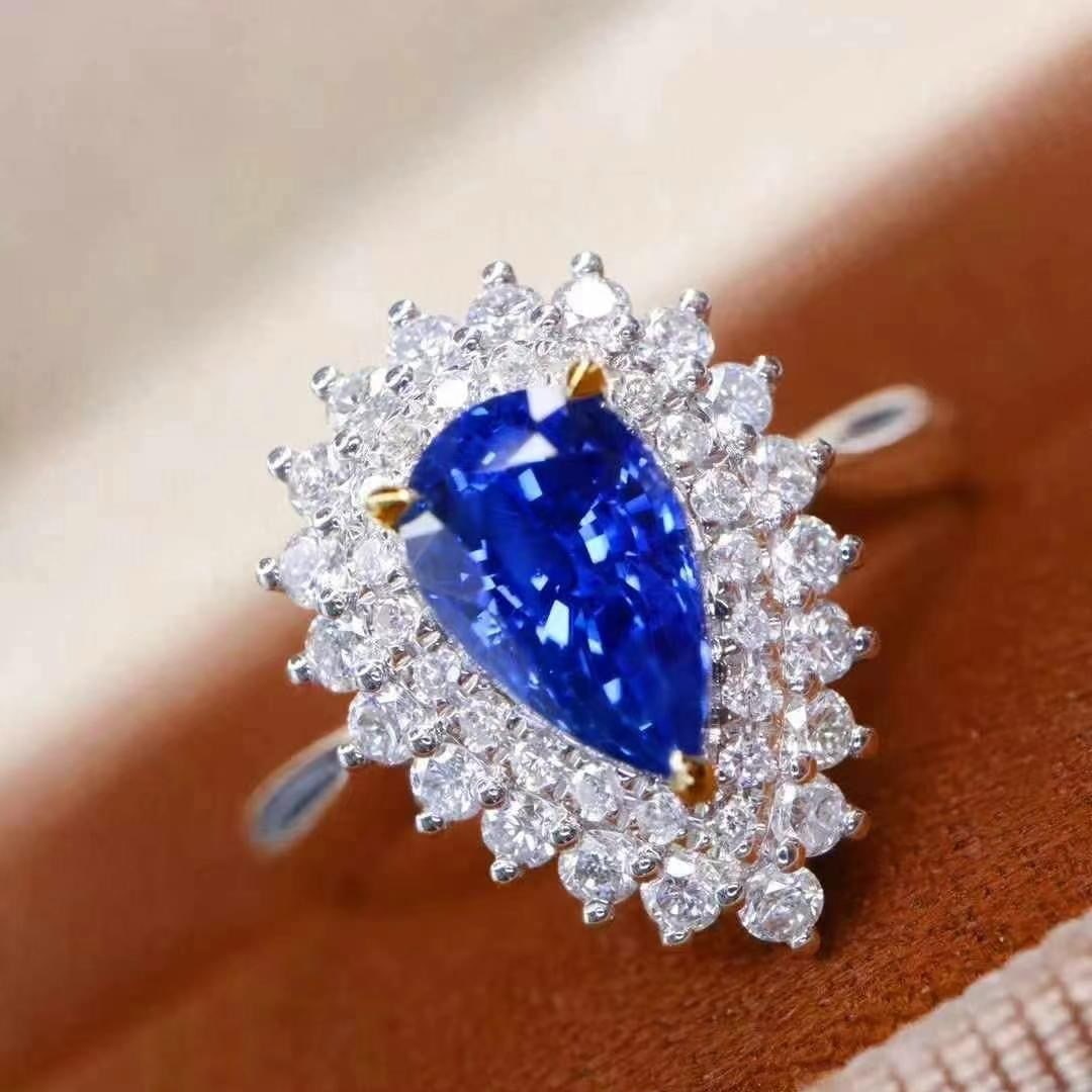 14k Gold 1.89 Ctw Natural Sapphire & Diamond Ring/pendant( Without Chain ): Ref:230949238 // gold content:14k gold // ring size:7. 25us // // main gemstone:sapphire // shape:pear // carat weight:1. 45ct // color:royal blue // treatment:natural // // adjacent gemstone 2 :