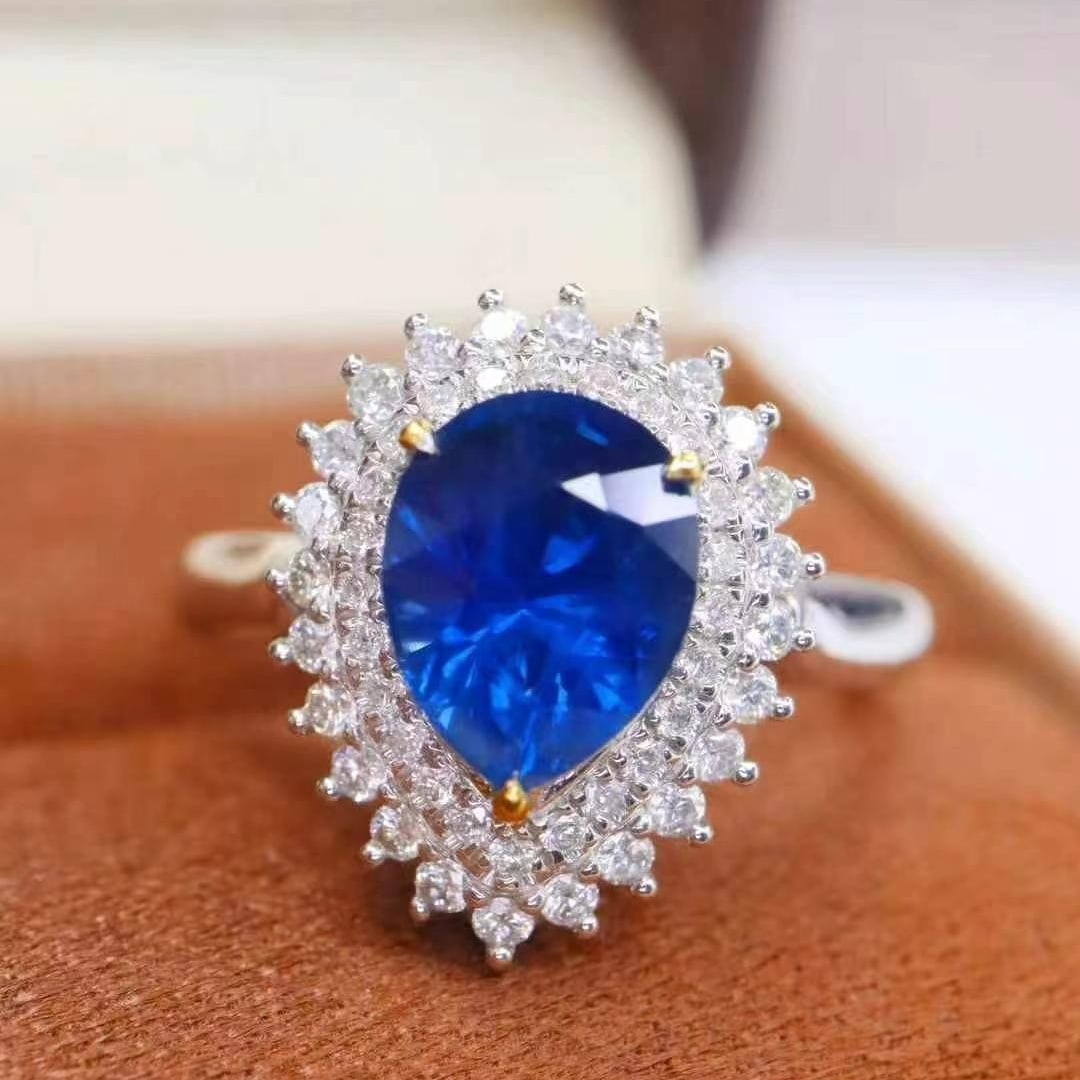 14k Gold 2.22 Ctw Natural Sapphire & Diamond Ring/pendant( Without Chain ): Ref:230949245 // gold content:14k gold // ring size:7. 25us // // main gemstone:sapphire // shape:pear // carat weight:1. 82ct // color:royal blue // treatment:natural // // adjacent gemstone 2 :