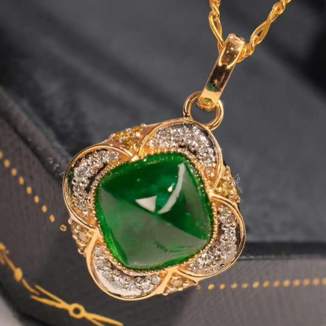 14k Gold 4.20 Ctw Vivid Green Natural Emerald & Diamond Pendant( Without Chain ) - 2