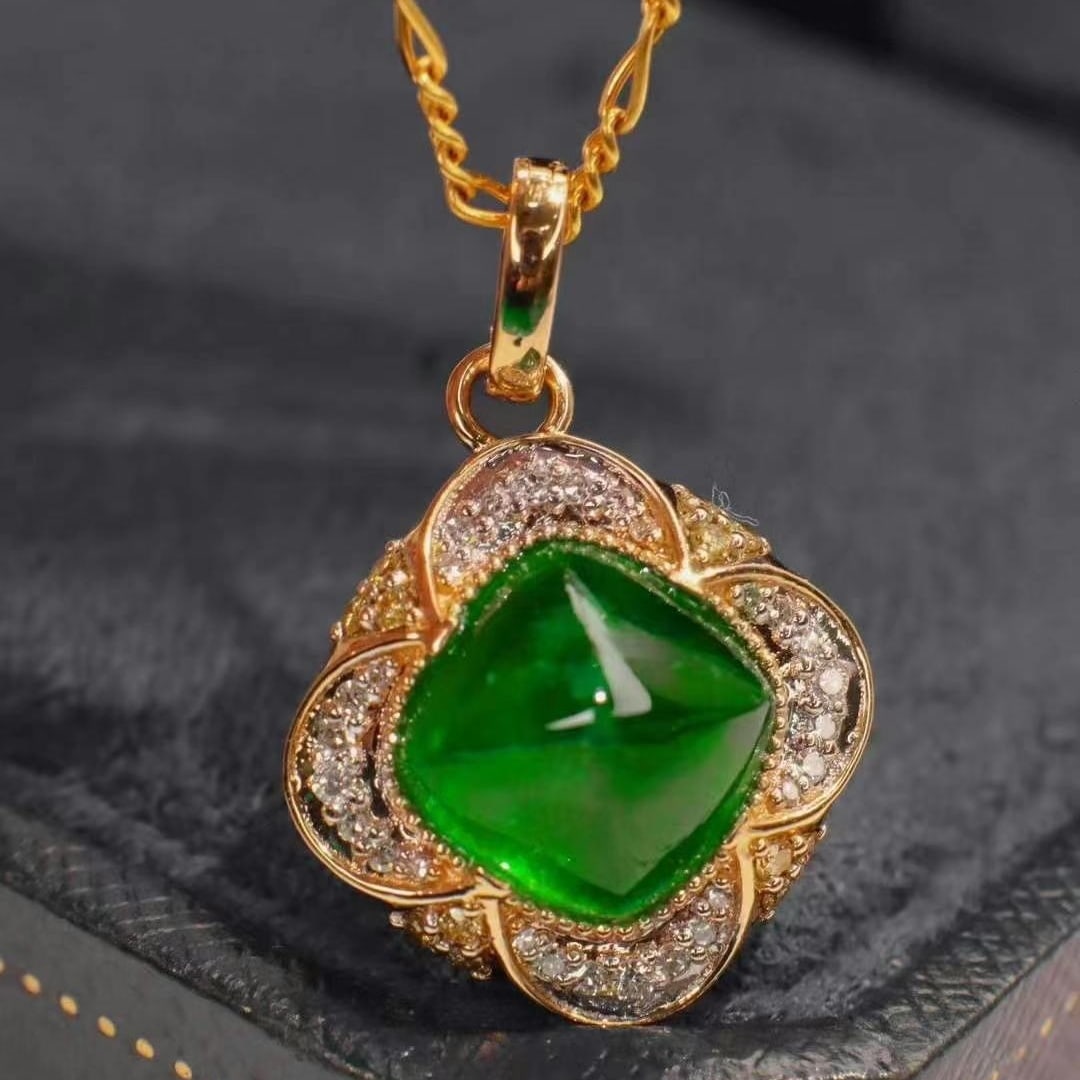 14k Gold 4.20 Ctw Vivid Green Natural Emerald & Diamond Pendant( Without Chain ) - 3