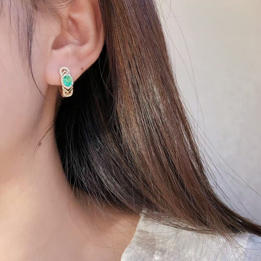 14k Gold 0.52 Ct Natural Emerald & Diamond Earrings - 3