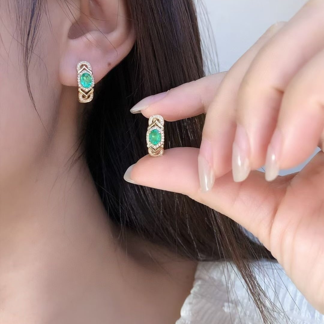 14k Gold 0.52 Ct Natural Emerald & Diamond Earrings - 4