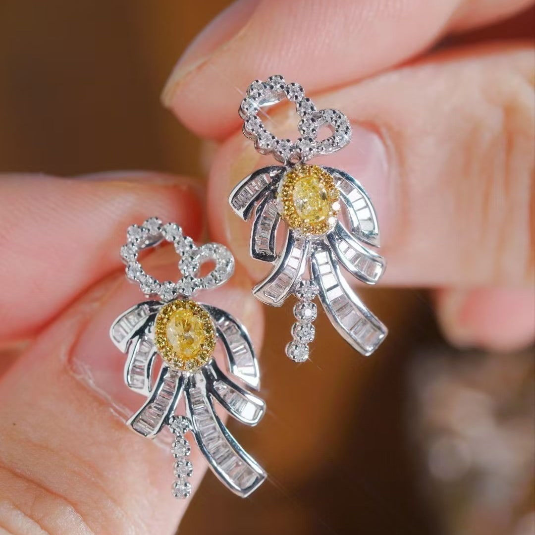 14k Gold 0.90 Ctw Natural Yellow Diamond & Diamond Earrings - 2