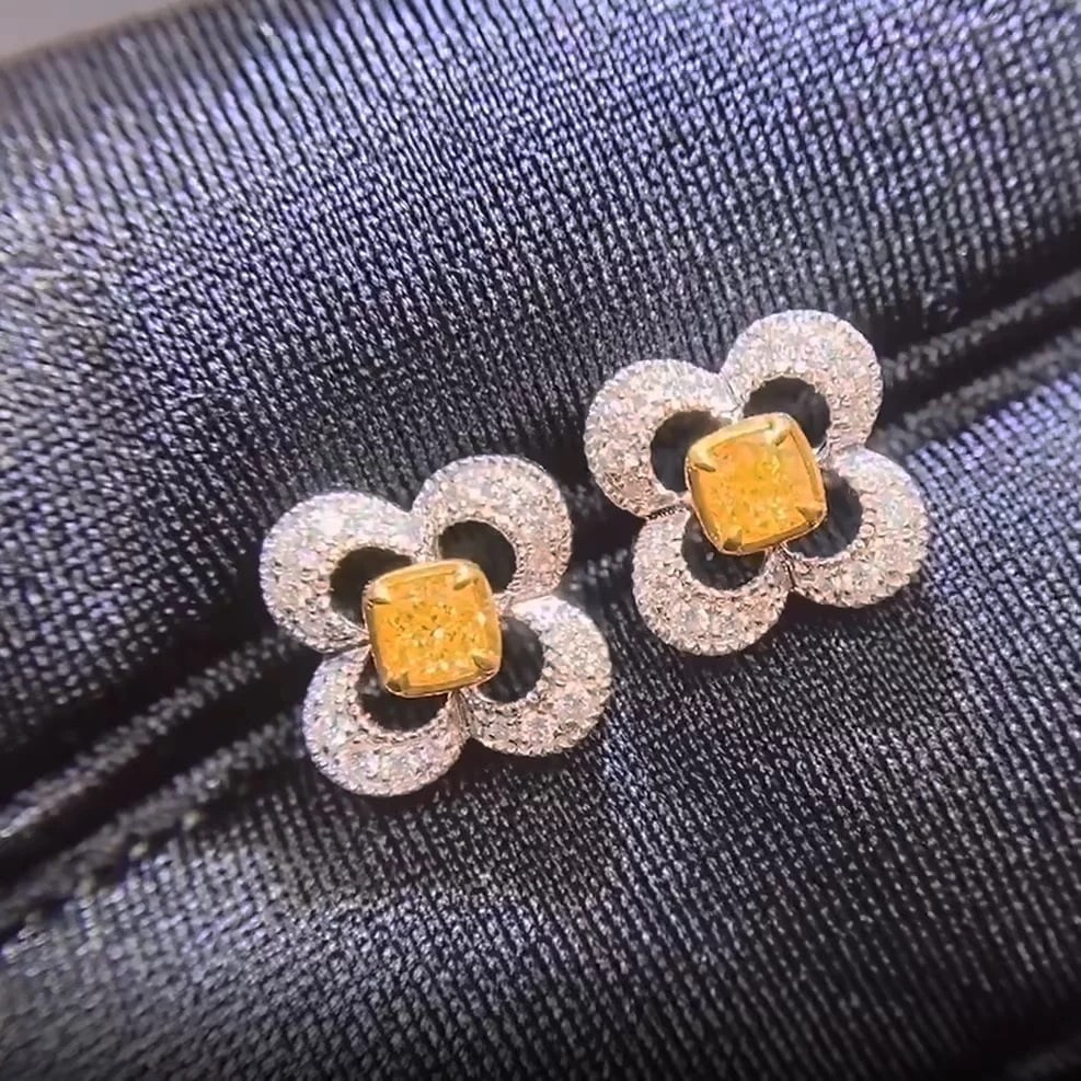 14k Gold 0.34 Ctw Natural Yellow Diamond & Diamond Earrings - 3