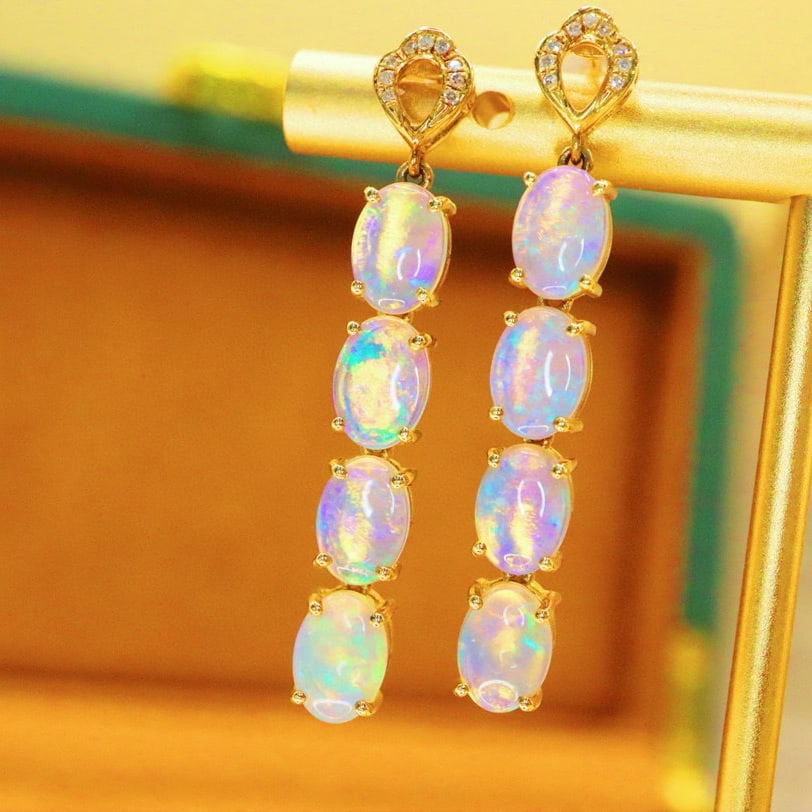 14k Gold 3.41 Ctw Natural Opal & Diamond Earrings - 4