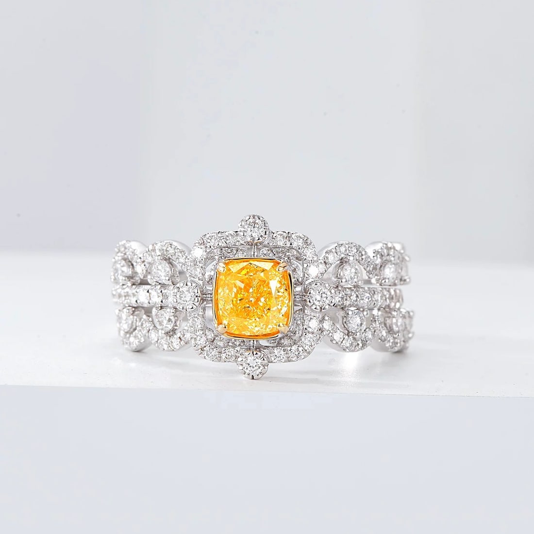 14k Gold 1.35 Ctw Natural Yellow Diamond & Diamond Ring: Ref:230950020 // gold content:14k gold // ring size:7. 25us // // main gemstone:yellow diamond // shape:cushion // carat weight:0. 7ct // color:yellow // treatment:natural // // adjacent gemstone