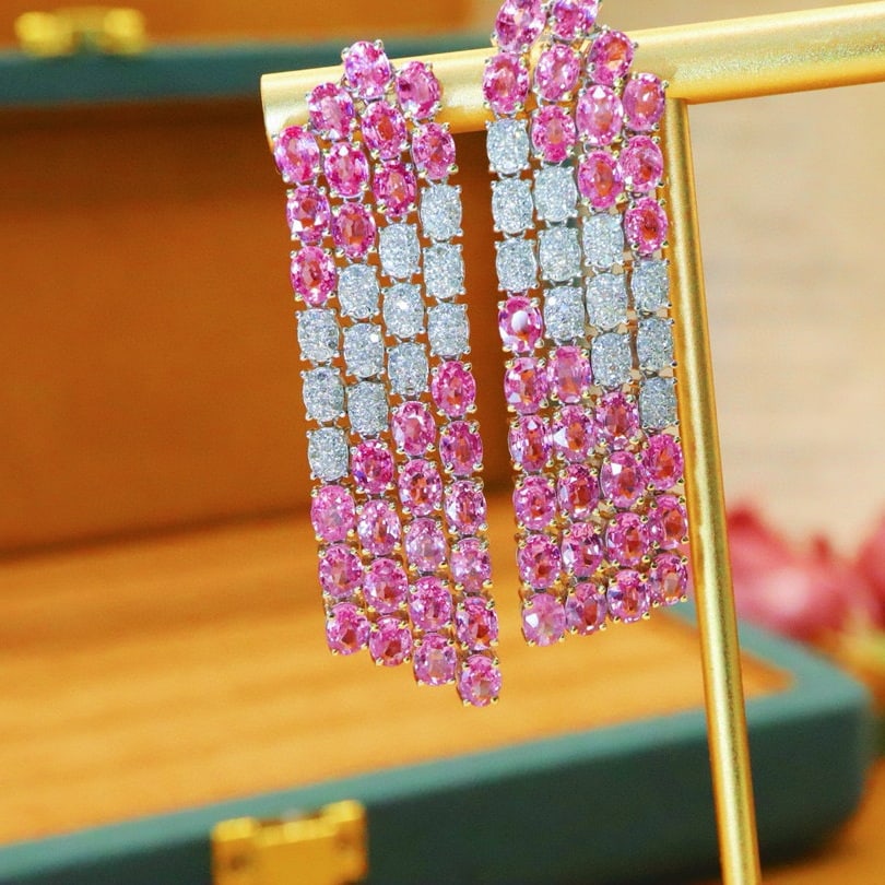 14k Gold 13.85 Ctw Natural Padparadscha Sapphire & Diamond Earrings - 2