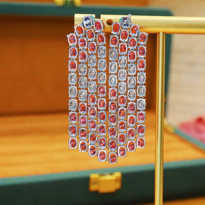 14k Gold 13.85 Ctw Natural Padparadscha Sapphire & Diamond Earrings - 4