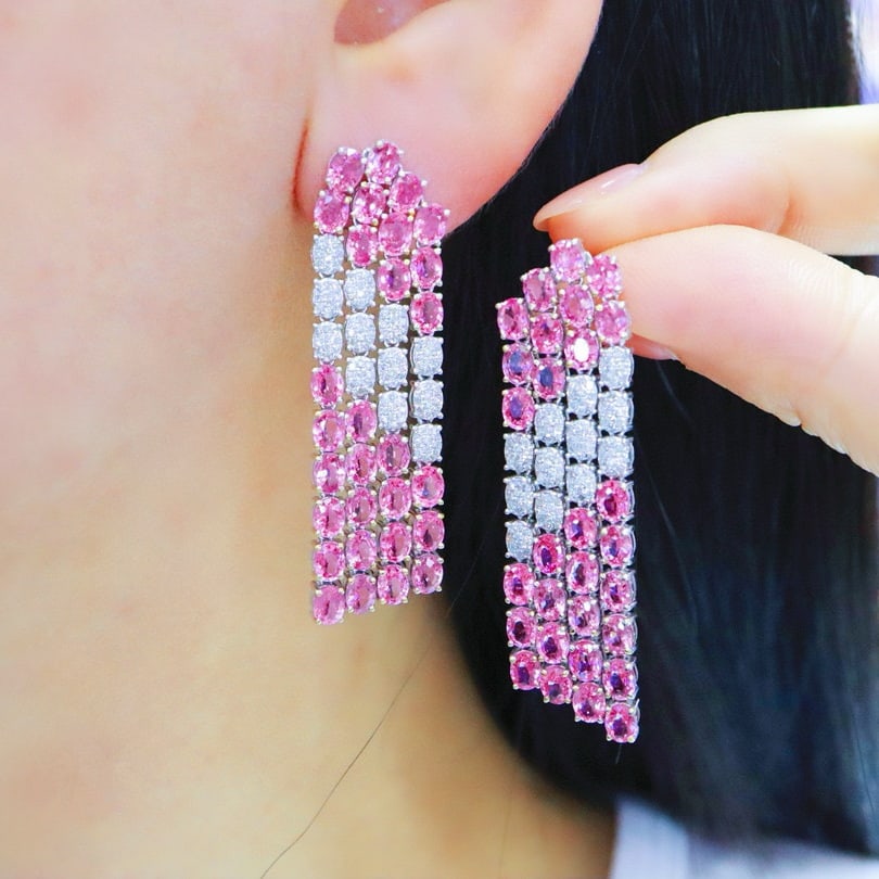 14k Gold 13.85 Ctw Natural Padparadscha Sapphire & Diamond Earrings - 5