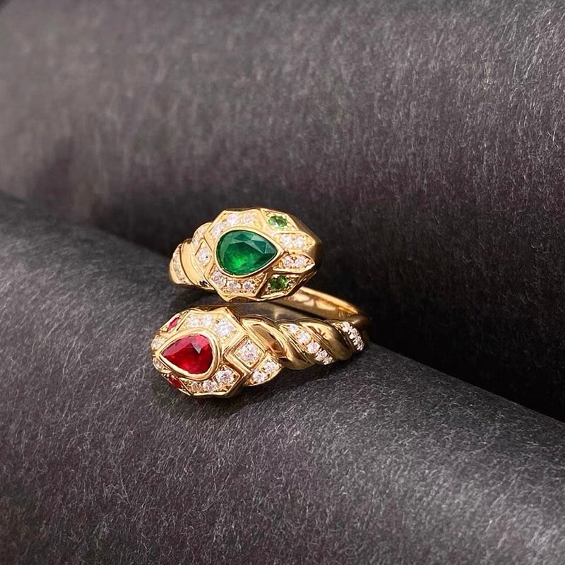 14k Gold 0.78 Ctw Natural Emerald & Ruby & Toi Et Moi Ring: Ref:230950032 // gold content:14k gold // ring size:7. 25us // // main gemstone:emerald // shape:pear // carat weight:0. 41ct // color:green // treatment:natural // // adjacent gemstone 2 : ruby // sh