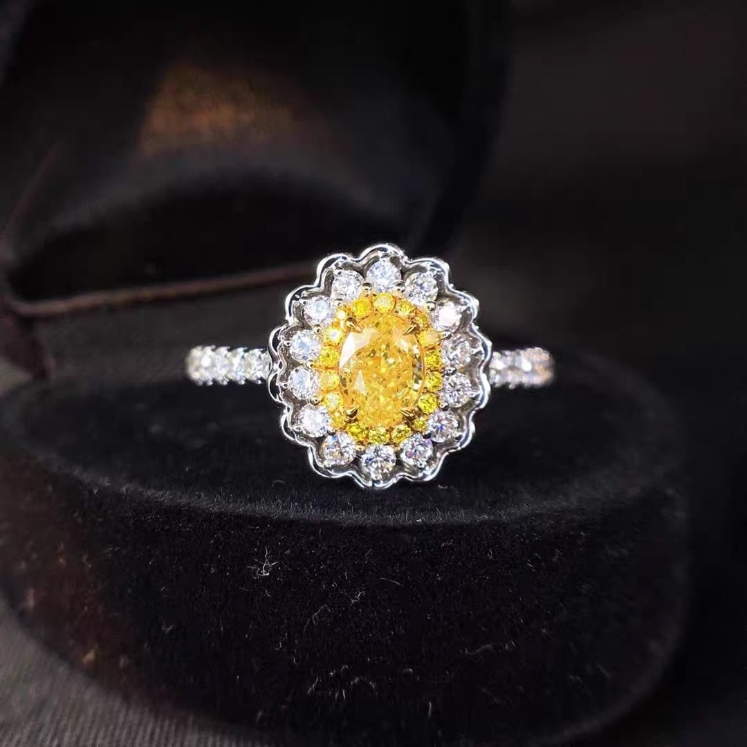Gia Certified 14k Gold 0.98 Ctw Natural Yellow Diamond & Diamond Ring: Ref:230950040 // gold content:14k gold // ring size:7. 25us // // main gemstone:yellow diamond // certified:gia // shape:oval // carat weight:0. 46ct // clarity grade:vs2 // color:yellow //