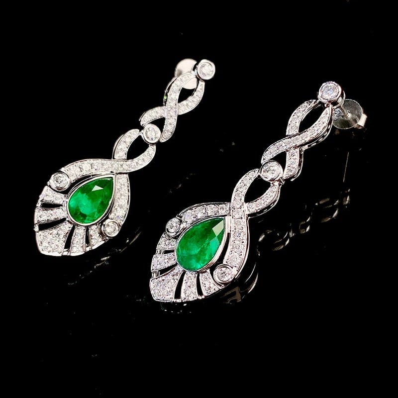 14k Gold 1.90 Ctw Vivid Green Natural Emerald & Diamond Earrings - 2