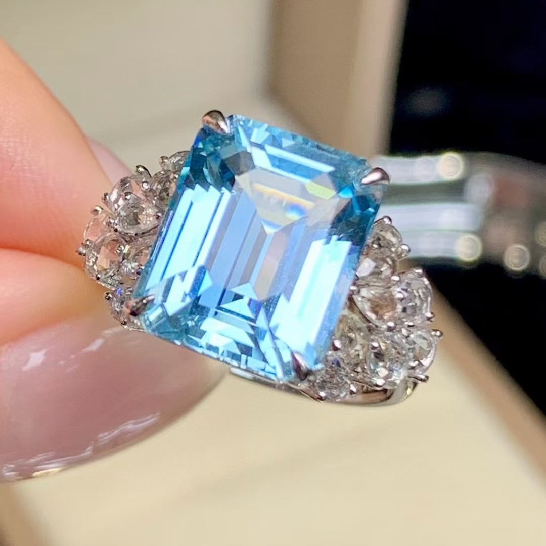14k Gold 4.8 Ct Natural Aquamarine & Sapphire Ring - 5