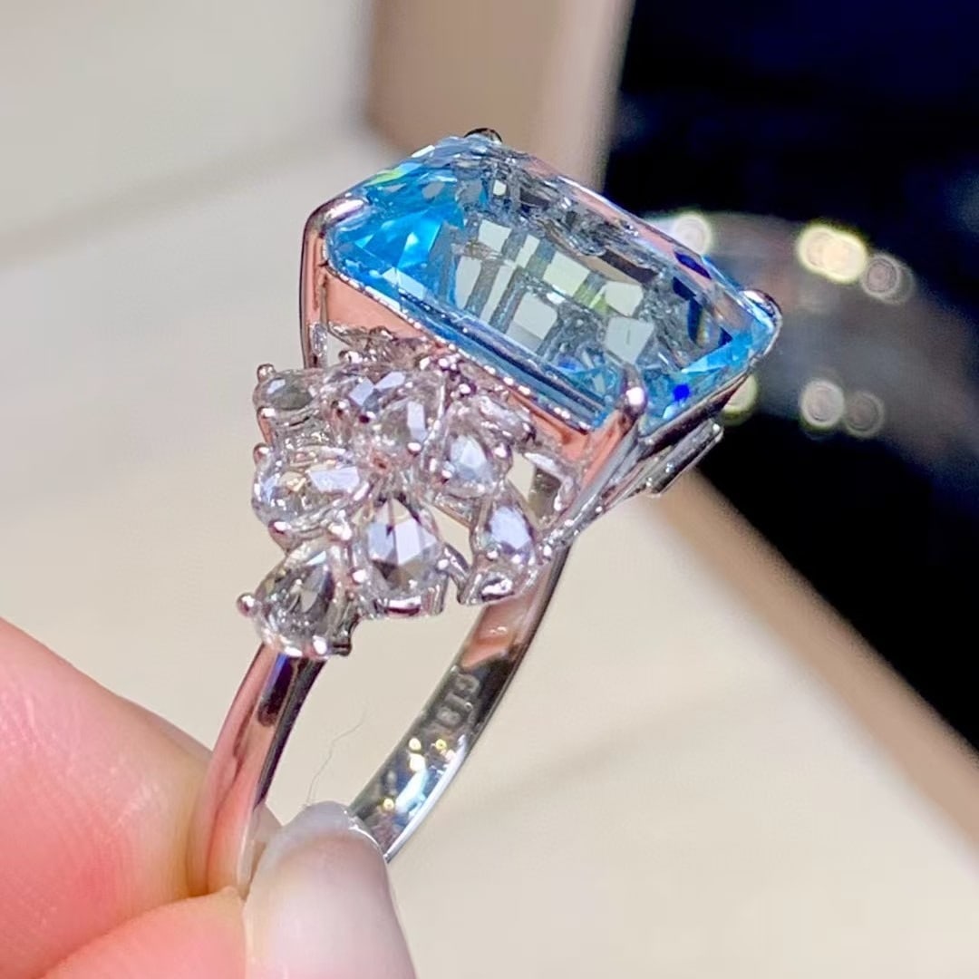 14k Gold 4.8 Ct Natural Aquamarine & Sapphire Ring - 6