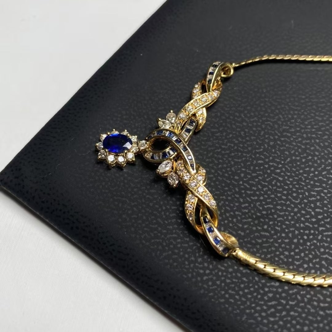 14k Gold 2.32 Ctw Natural Sapphire & Diamond Necklace - 2