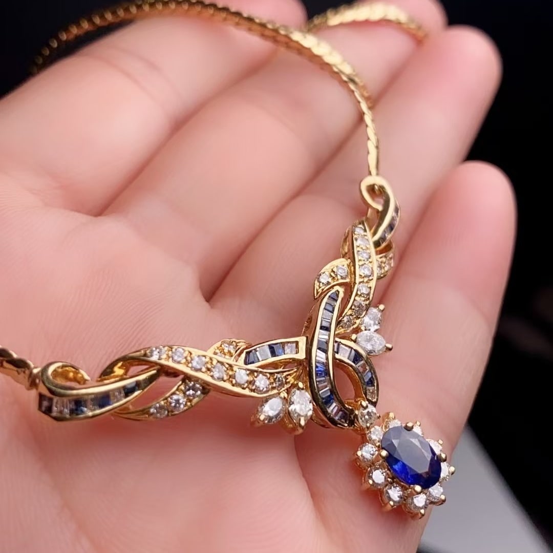 14k Gold 2.32 Ctw Natural Sapphire & Diamond Necklace - 3