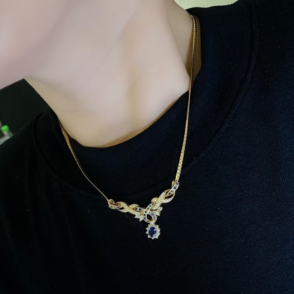 14k Gold 2.32 Ctw Natural Sapphire & Diamond Necklace - 5