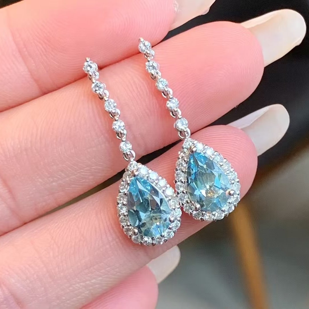 14k Gold 2.00 Ct Natural Aquamarine & Diamond Earrings - 7