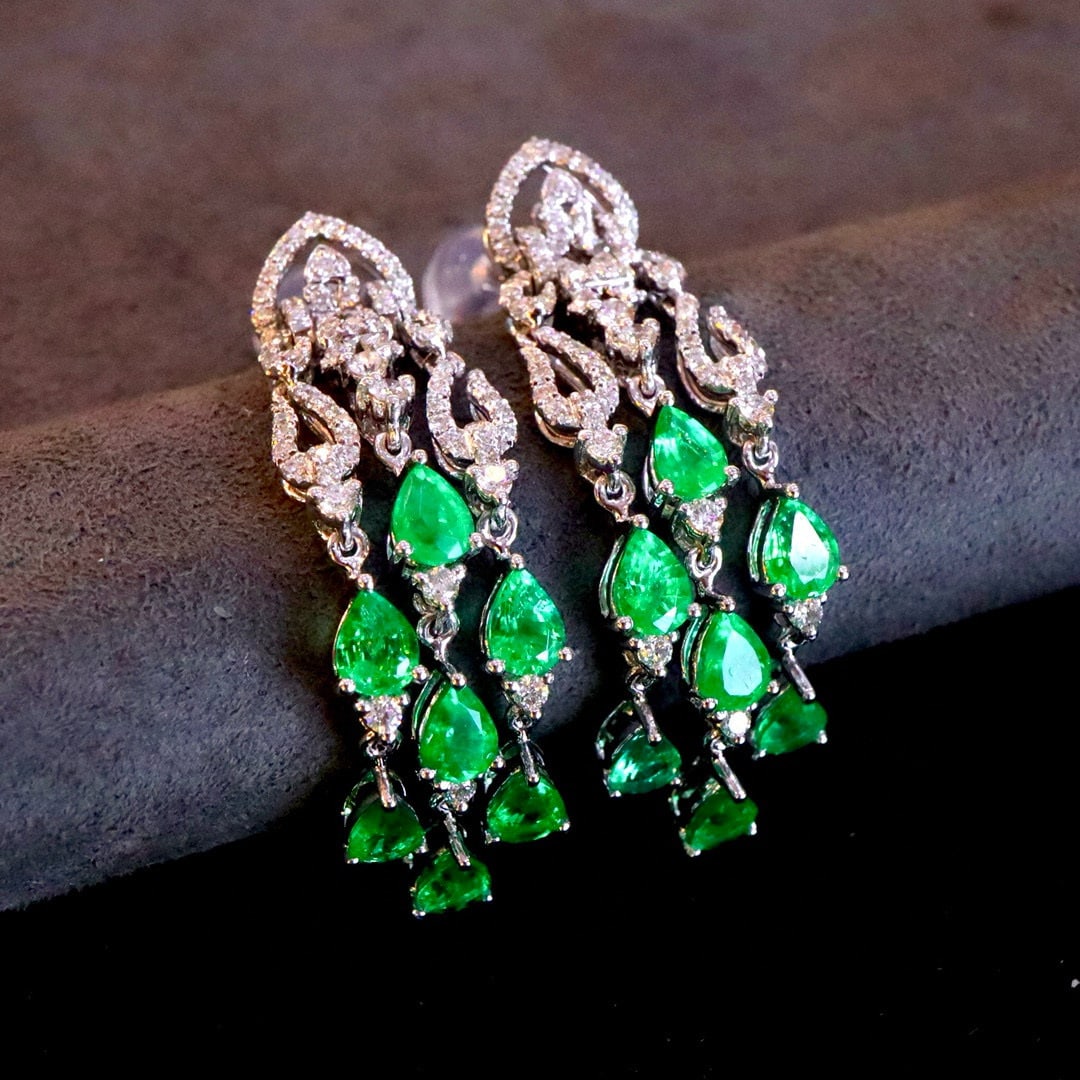 14k Gold 2.67 Ctw Vivid Green Natural Emerald & Diamond Earrings - 5