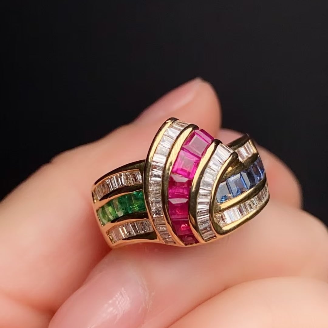 14k Gold 2.98 Ctw Natural Ruby & Sapphire & Emerald & Diamond Ring - 5