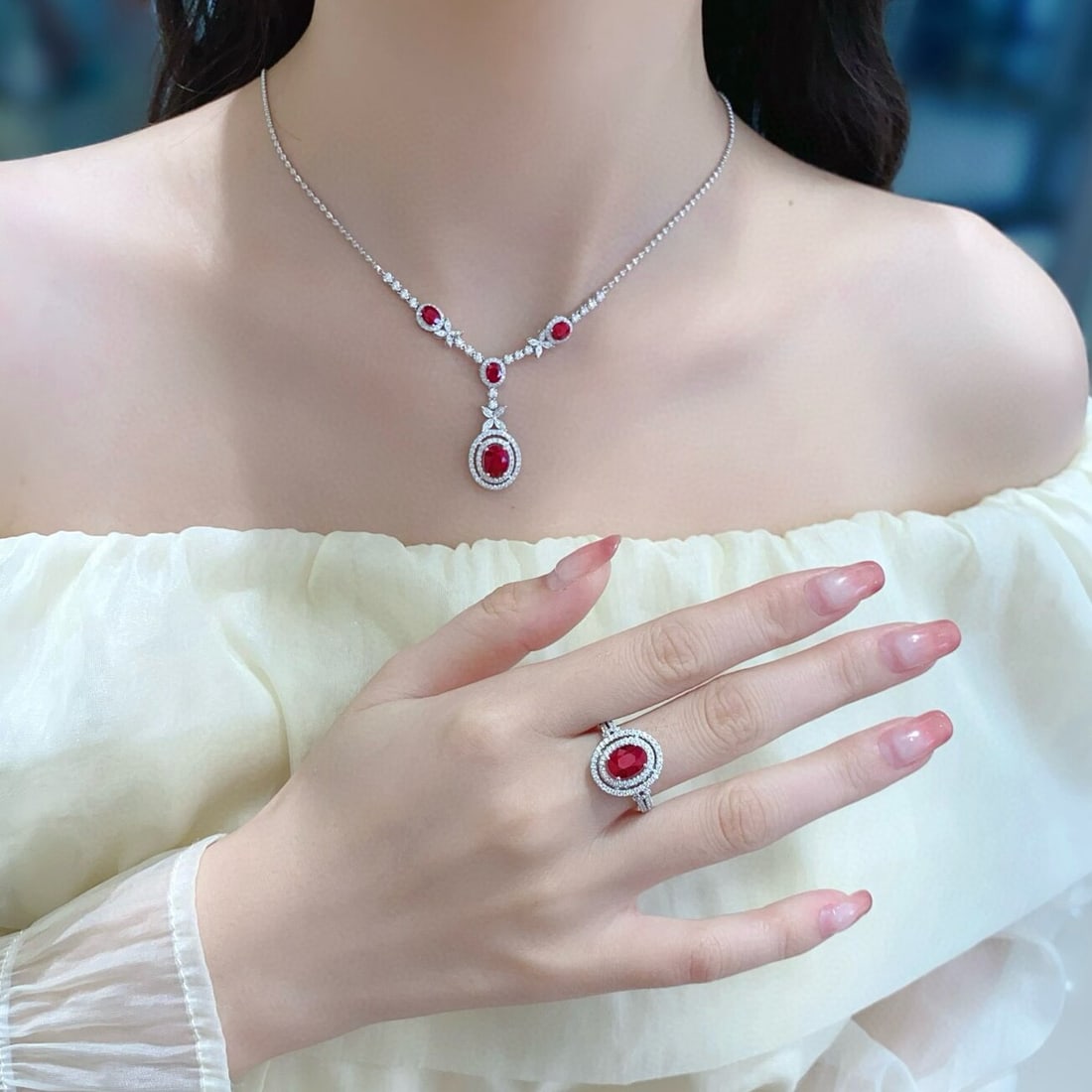 14k Gold 8.93 Ctw Natural Ruby & Diamond Jewelry Set - 6