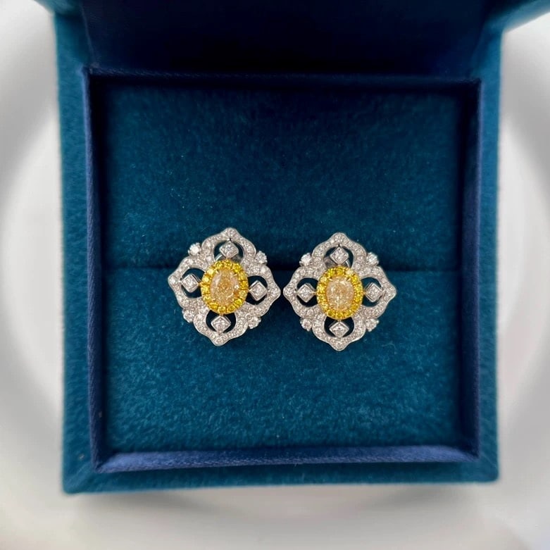 14k Gold 1.13 Ctw Natural Yellow Diamond & Diamond Earrings - 2