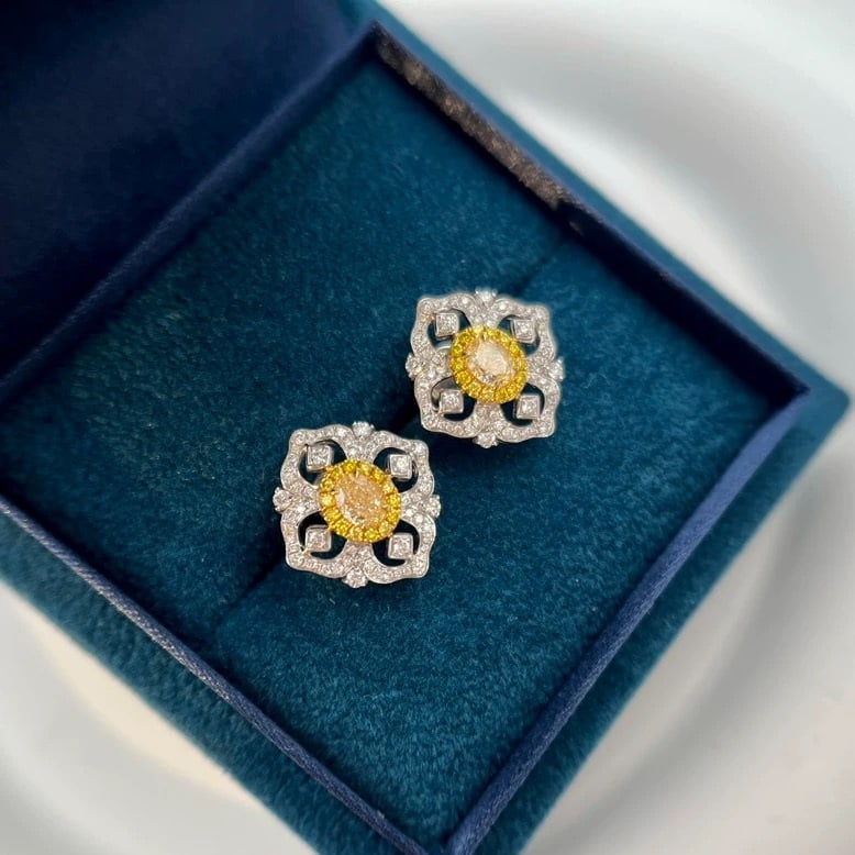 14k Gold 1.13 Ctw Natural Yellow Diamond & Diamond Earrings - 4