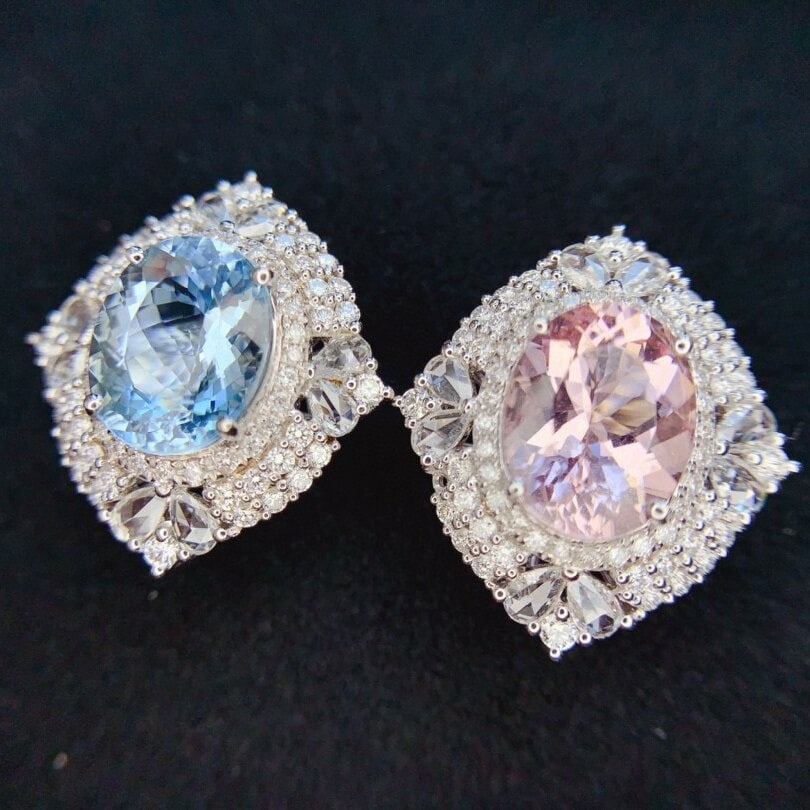 14k Gold 6.86 Ctw Natural Aquamarine & Morganite & Diamond Earrings: Ref:230950108 // gold content:14k gold // main gemstone:aquamarine & morganite // shape:oval // carat weight:4. 9ct // color:blue & pink // treatment:natural // // adjacent gemstone 2 : diamond // sha