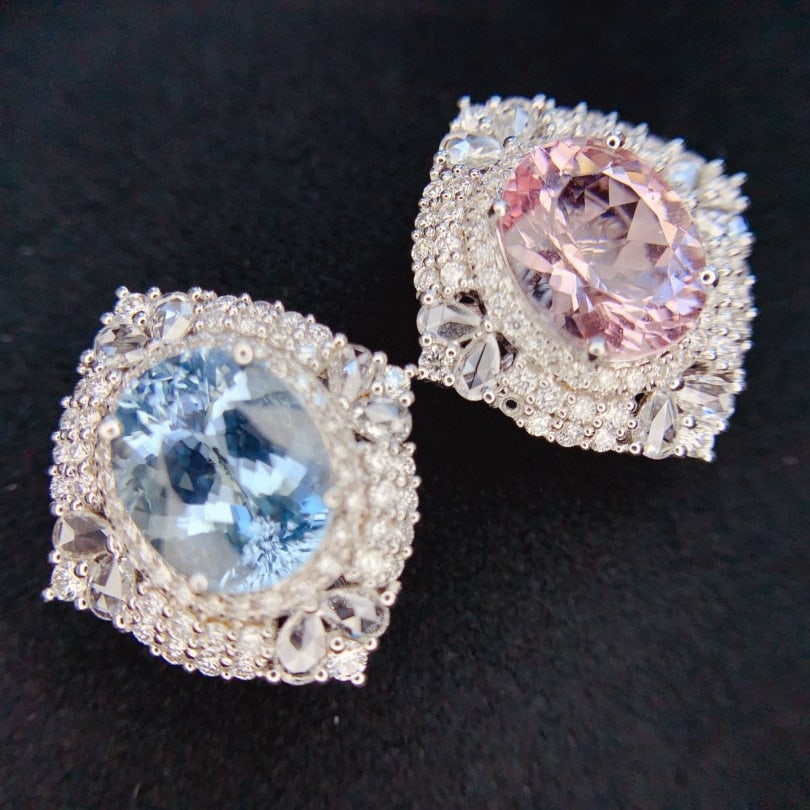 14k Gold 6.86 Ctw Natural Aquamarine & Morganite & Diamond Earrings - 7