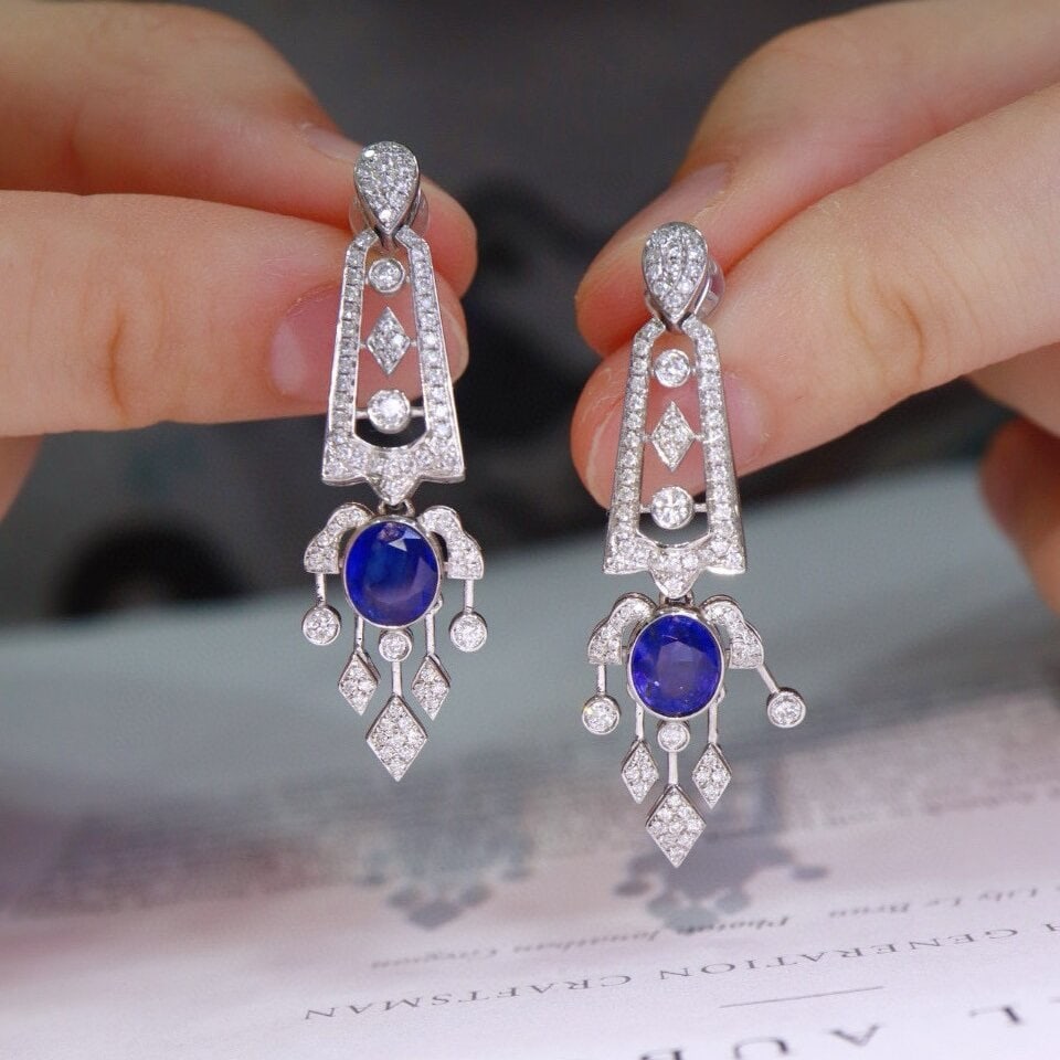 14k Gold 2.97 Ctw Natural Sapphire & Diamond Earrings - 2