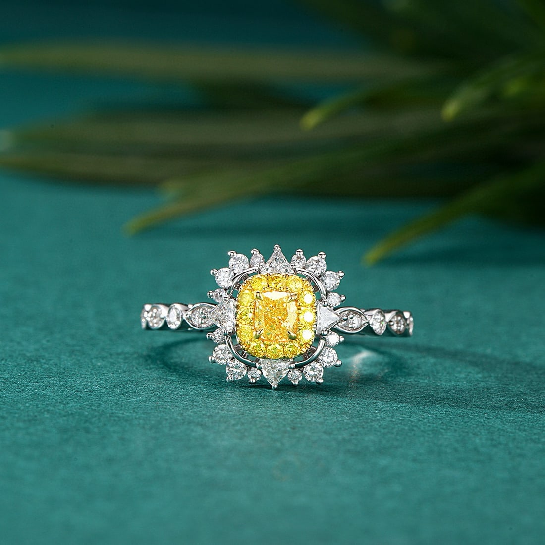 14k Gold 0.68 Ctw Natural Yellow Diamond & Diamond Ring: Ref:230950115 // gold content:14k gold // ring size:7. 25us // // main gemstone:yellow diamond // shape:cushion // carat weight:0. 24ct // color:yellow // treatment:natural // // adjacent gemstone 2 :