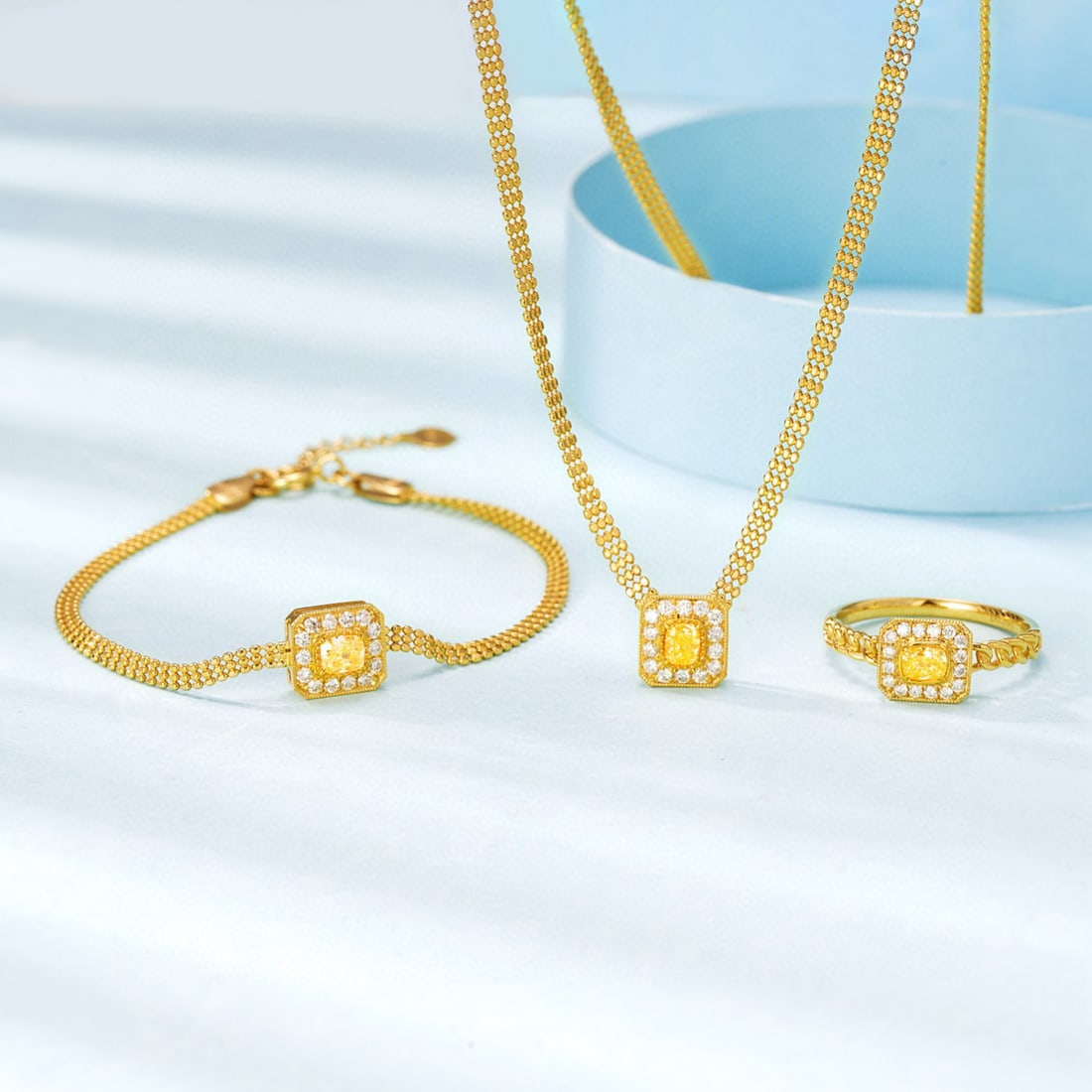 14k Gold 1.16 Ctw Natural Yellow Diamond & Diamond Jewelry Set: Ref:230950130 // gold content:14k gold // ring size:7. 25us // // necklace // main gemstone:yellow diamond // shape:cushion // carat weight:0. 25ct // color:yellow // treatment:natural // //