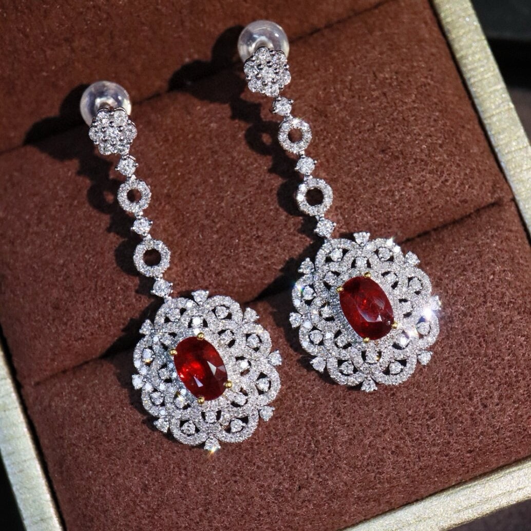 14k Gold 2.78 Ctw Natural Ruby & Diamond Earrings: Ref:230950138 // gold content:14k gold // main gemstone:ruby // shape:oval // carat weight:1. 67ct // color:pigeonblood red // treatment:natural // // adjacent gemstone 2 : diamond // shape:round // c