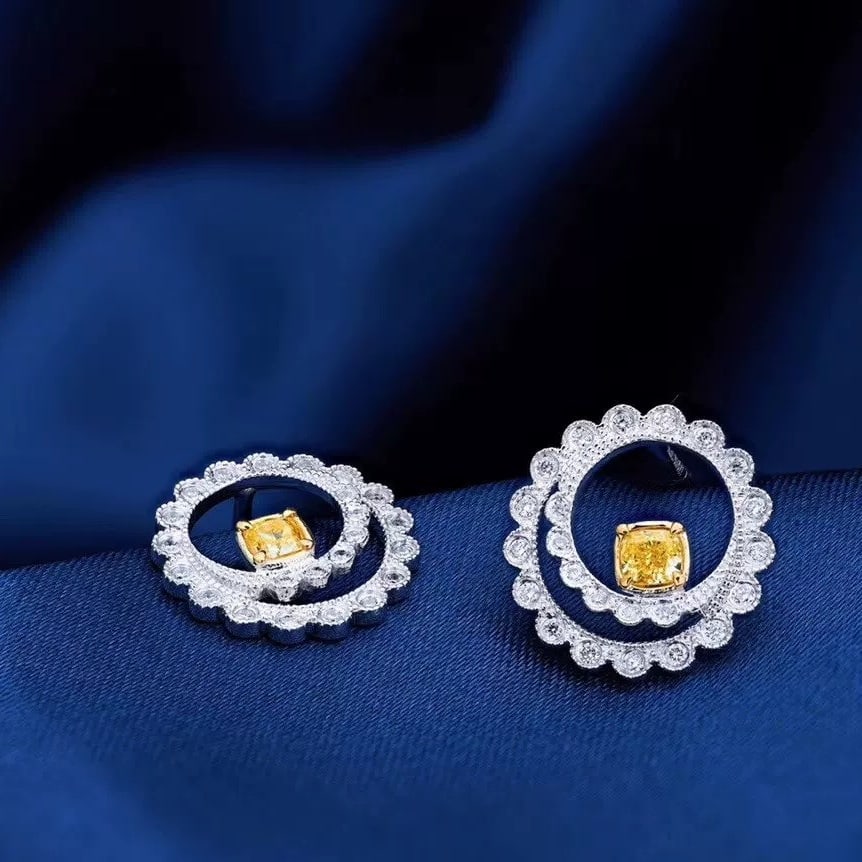 14k Gold 0.39 Ctw Natural Yellow Diamond & Diamond Earrings - 3